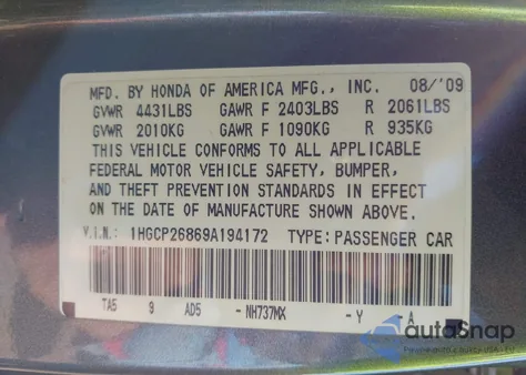 2009 Honda Accord 2.4 Ex-L из США, поврежденный, VIN 1HGCP26869A194172